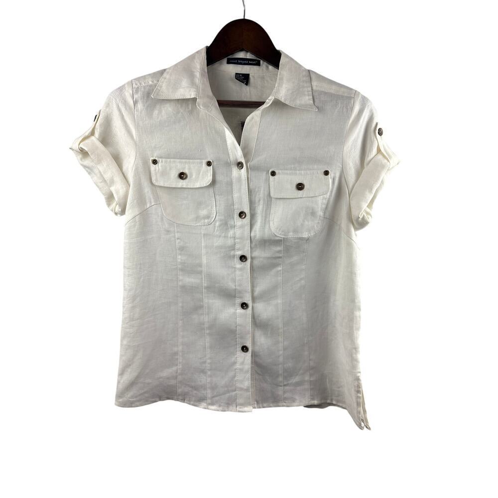 Women’s Saint Tropez West Medium White Linen Short Sleeve Button Up